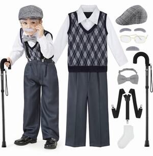 FancyFun 9 Pc 100 Days School Old Man Costume Kids Grandpa Dress Up Set 5-7Y